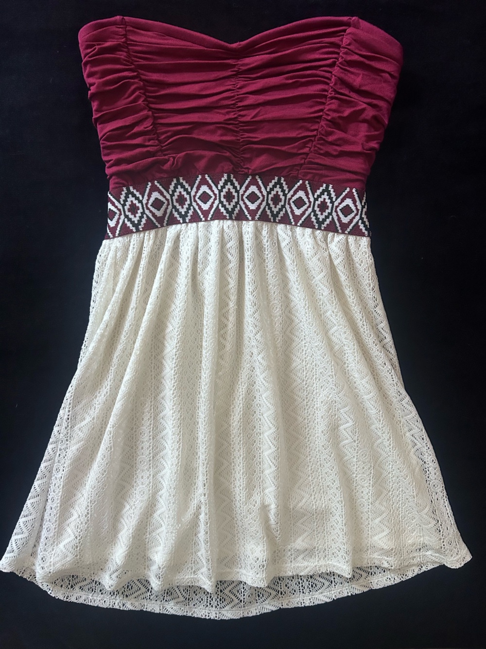Zumiez Boho Strapless Ruched Burgundy & Cream Lace Mini Dress, Size Medium